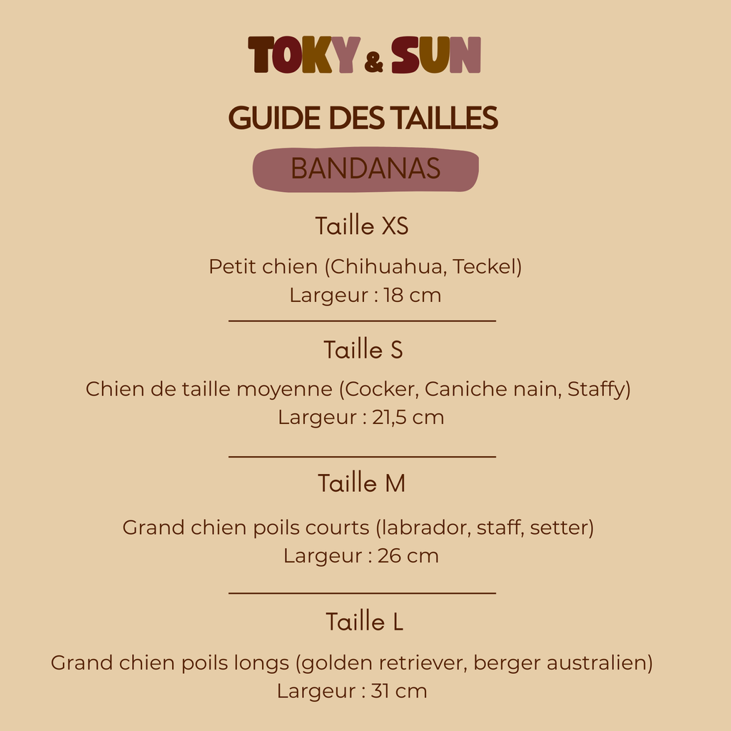 Guide des tailles des bandanas Toky & Sun pour chiens. Quatre tailles disponibles : XS pour petits chiens comme Chihuahua et Teckel, S pour Cocker, Caniche nain et Staffy, M pour Labrador, Staff et Setter, et L pour Golden Retriever et Berger Australien. Les largeurs indiquées vont de 18 à 31 cm.