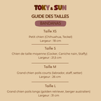 Guide des tailles des bandanas Toky & Sun pour chiens. Quatre tailles disponibles : XS pour petits chiens comme Chihuahua et Teckel, S pour Cocker, Caniche nain et Staffy, M pour Labrador, Staff et Setter, et L pour Golden Retriever et Berger Australien. Les largeurs indiquées vont de 18 à 31 cm.